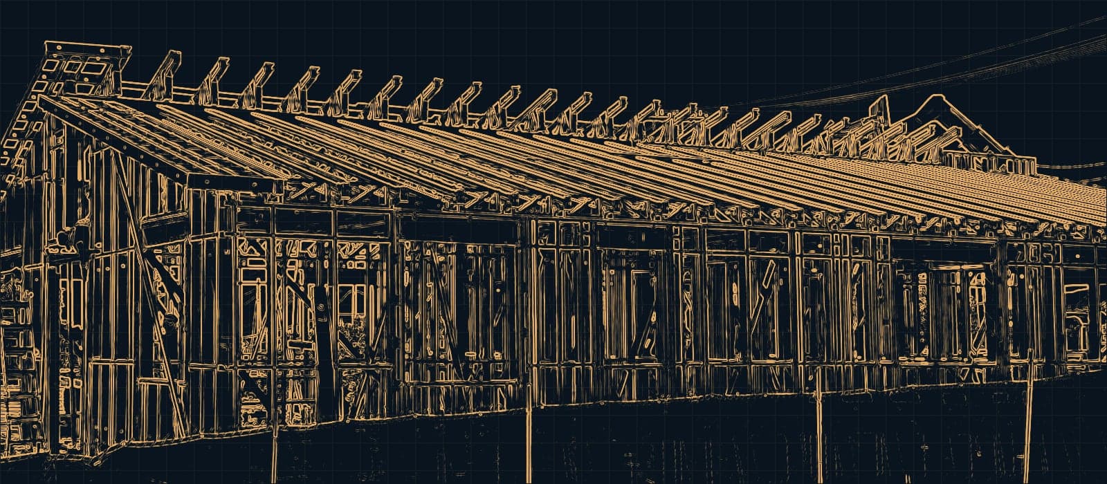 The frame as a drawing Line drawing of the house's steel frame, traced from the job-site photo
