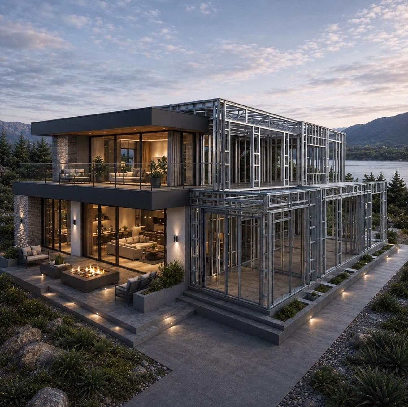 Illustration: a finished home and its light-gauge steel frame Computer-generated illustration of a modern two-story house, finished on the left and shown as a light-gauge steel frame on the right